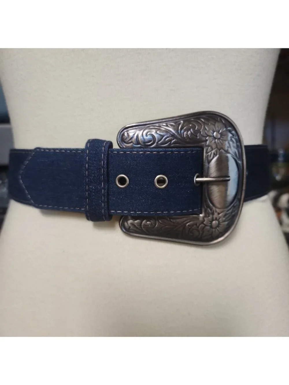 Revcor Women's Blue Denim Western Belt Silver Buckle Fits 26-29